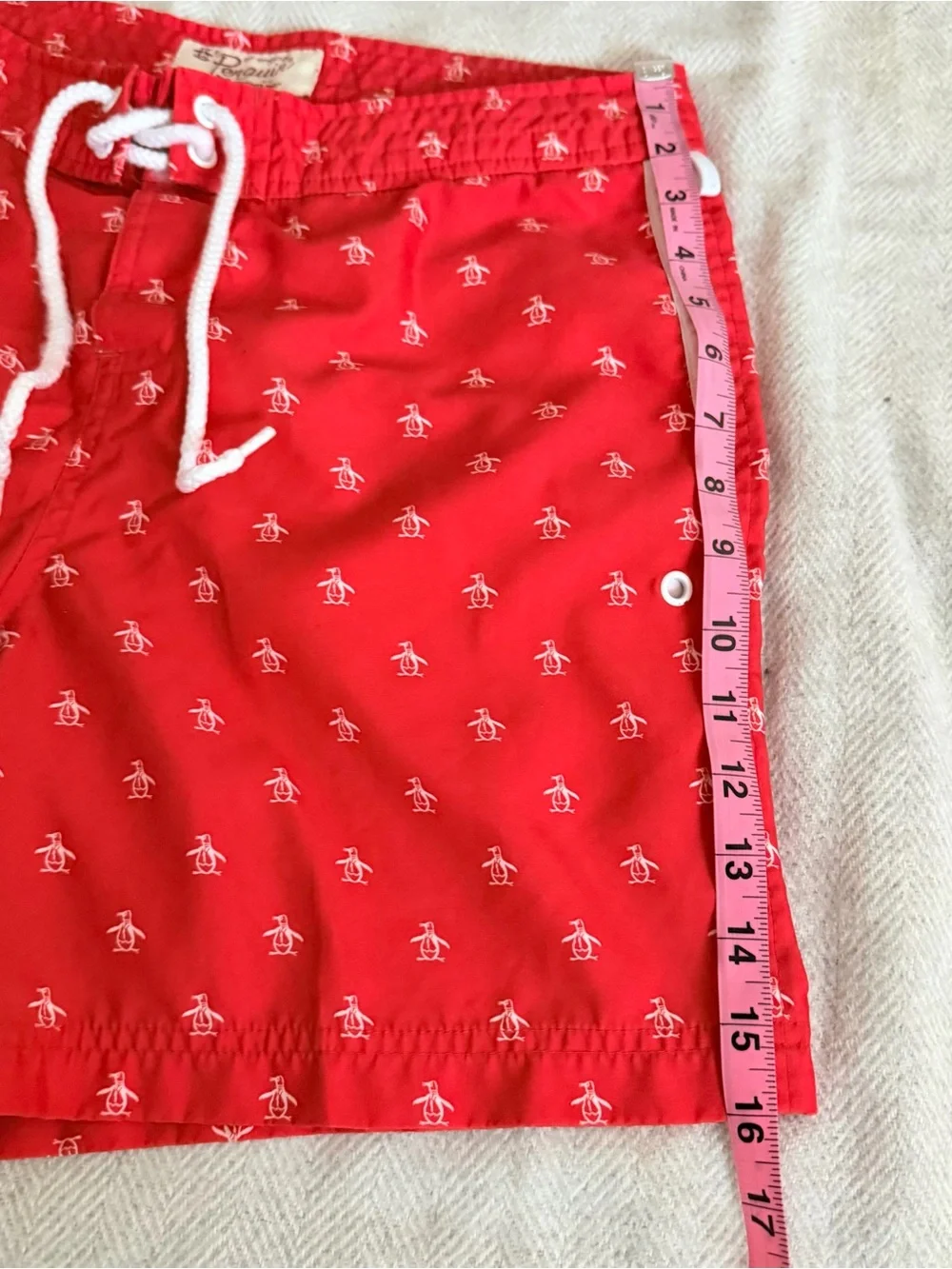 An original PENGUIN Men Swim Short Red Micro Penguin Logo Pattern 30W